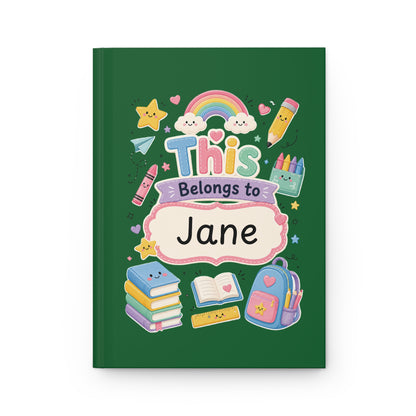 Personalized Kids Green Hardcover Notebook — "This Belongs to [Name]" Cute School Notebook/Back to School