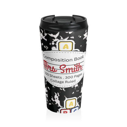 Customizable Black Composition Book Inspired Travel Mug, Personalized Gift for Teachers, Back to School Drinkware, Christmas Present, Stylish Coffee Cup