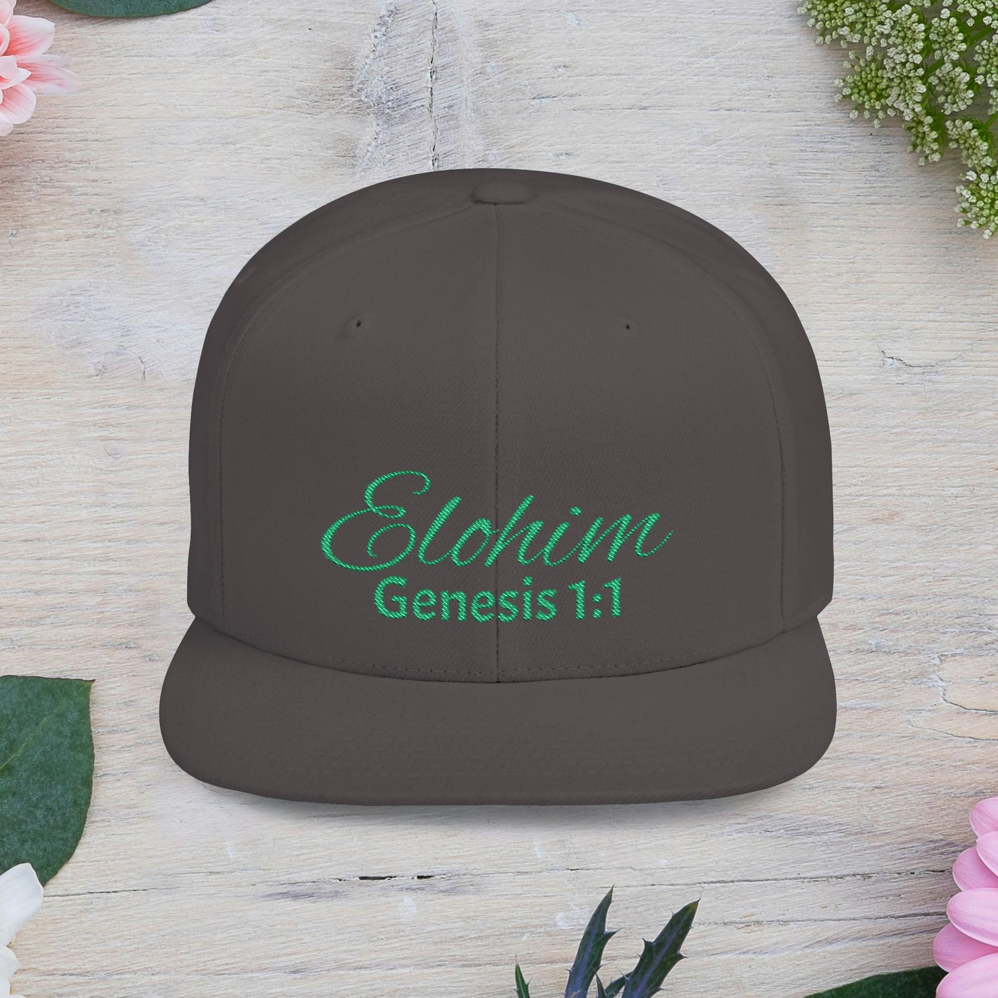 Green Elohim, Genesis 1:1 Snapback Cap - Faith-Inspired Flat Bill Hat, Baseball Hat, Perfect for Gifts, Daily Wear, Spiritual Events.