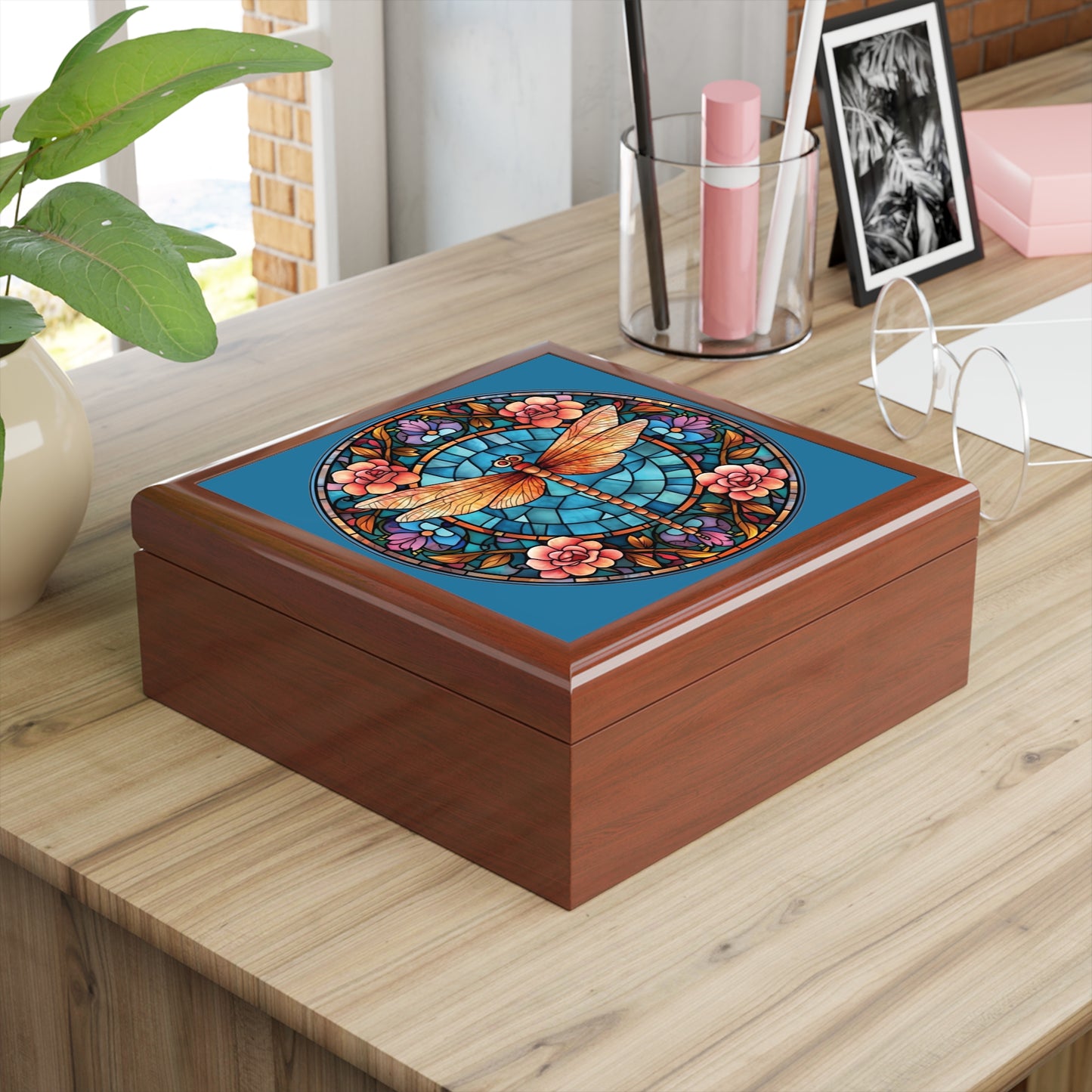 Dragonfly Stained Glass Jewelry Box — Floral Keepsake Box