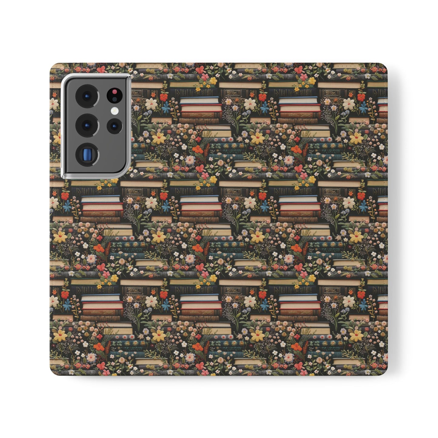 Book Stack Floral Flip iPhone and Samsung Phone Case — Vintage Library Wallet Cover.