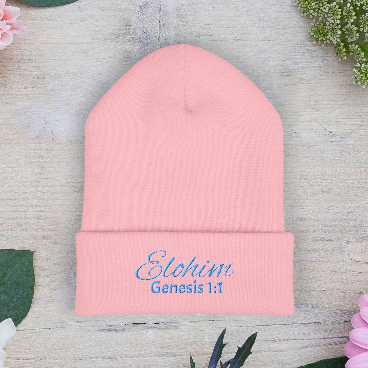Teal Embroidered 'ELOHIM, GENESIS 1:1' Classic Cuffed Beanie - Cozy Winter Hat, Streetwear Accessory, Personalized Gifts, Religious Apparel, Unisex Beanie