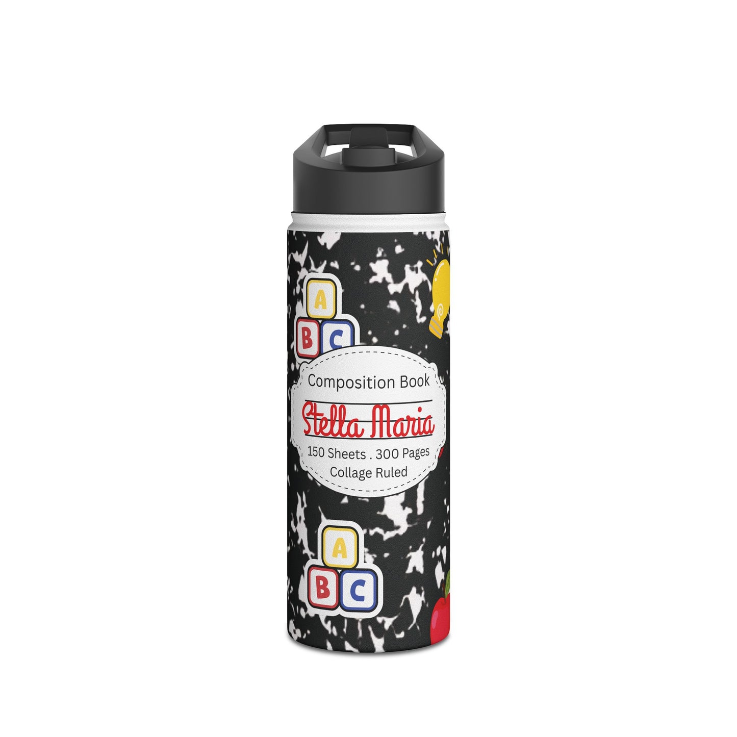 Personalized Black Composition Book Inspired Stainless Steel Water Bottle for Kids, School Supplies, Eco-Friendly Drinkware, Back to School, Teacher Gifts
