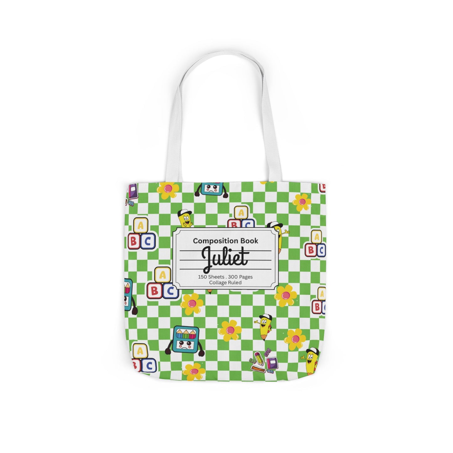 Personalized Green Schoolyard Chic Composition Book Inspired Canvas Tote Bag with Colorful Straps, Cute School Bag, Eco-Friendly Tote, Back to School Shopping Bag, Teacher Gift Idea