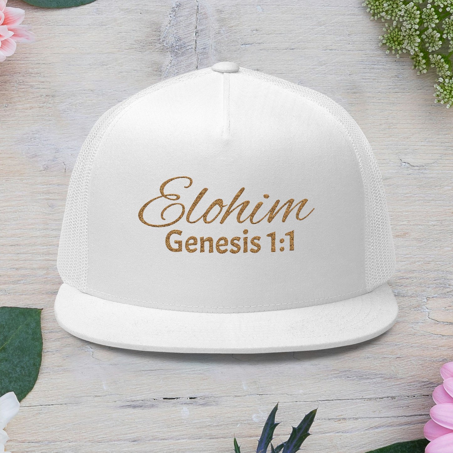'ELOHIM, GENESIS 1:1'  Embroidered 5 Panel Trucker Cap | Casual Style Hat, Adjustable, Unisex, Perfect Gift for Outdoors, Festivals, Daily Wear