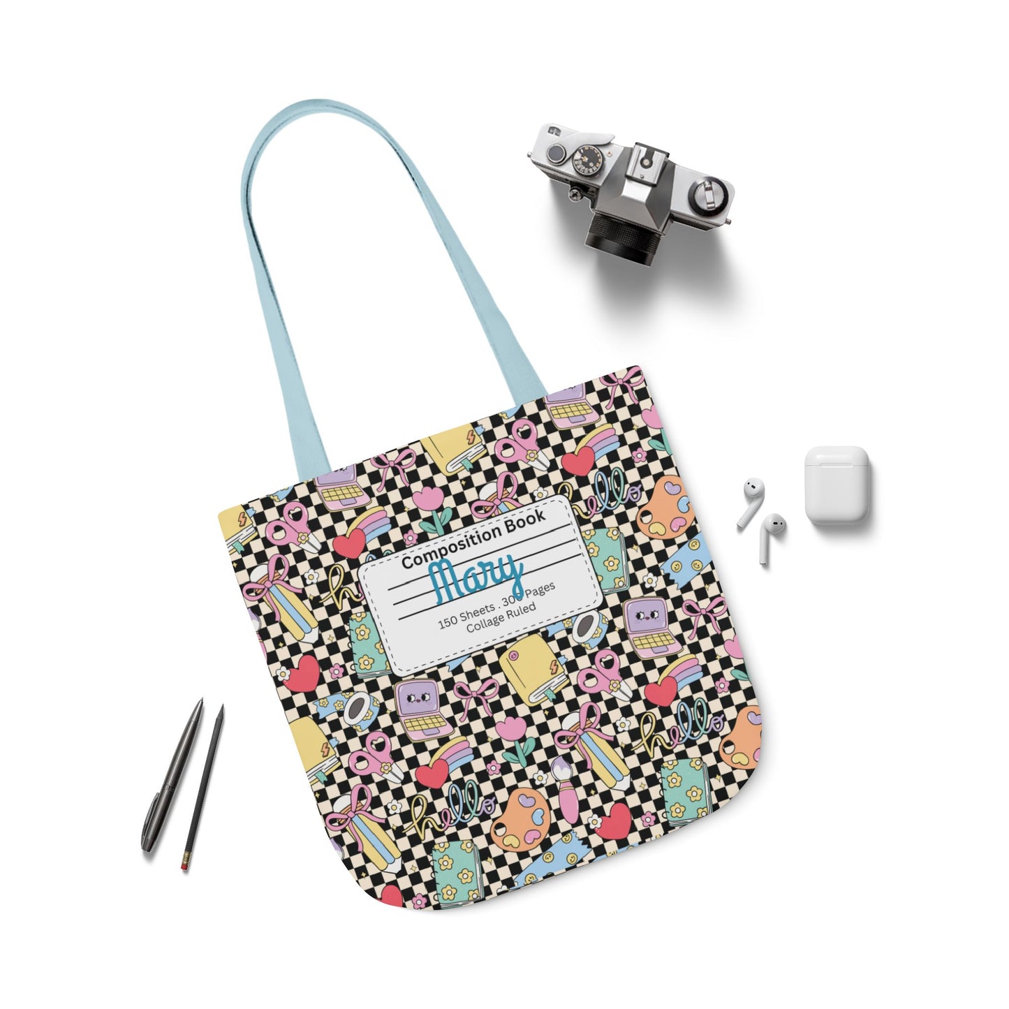 Personalized Black Doodle Daydream Composition Book Inspired Canvas Tote Bag with Colorful Straps, Cute School Bag, Eco-Friendly Tote, Back to School Shopping Bag, Teacher Gift Idea