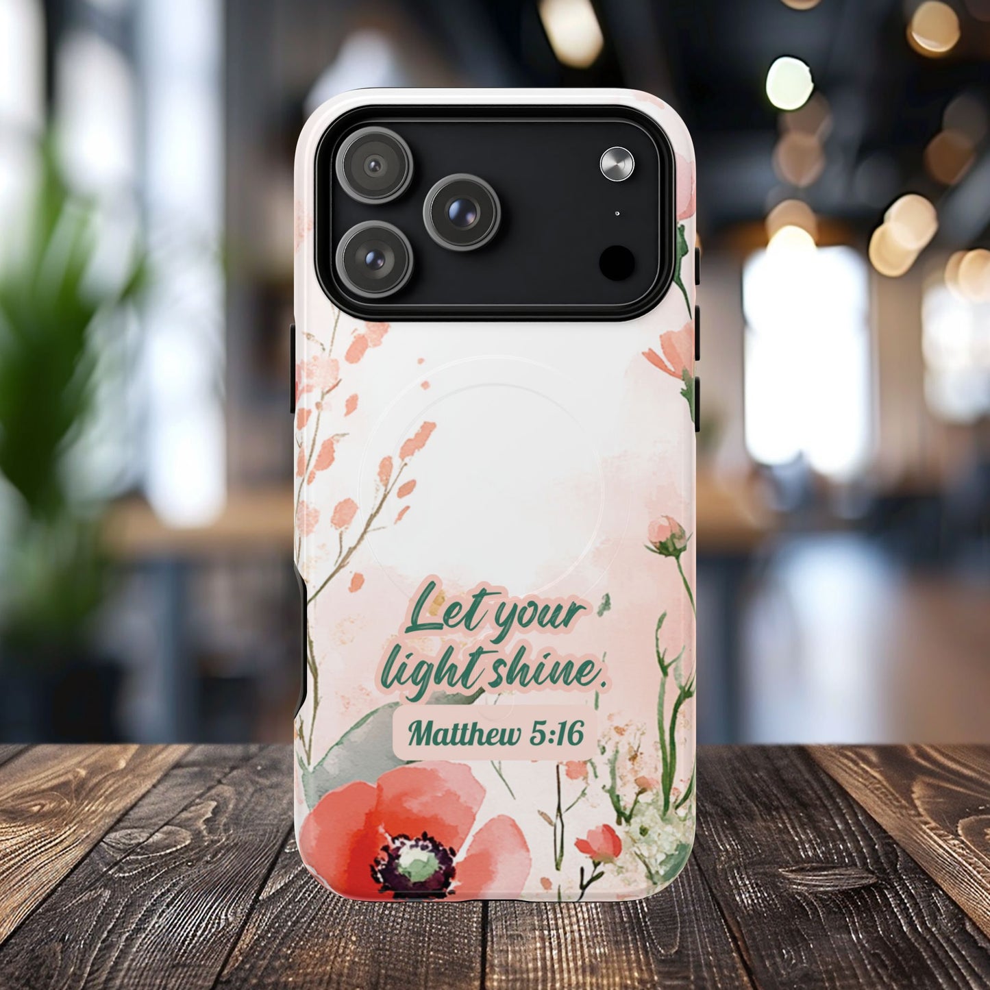 Let your Light Shine Matthew 5:16, Inspirational Gift, Tough iPhone Magnetic Case Scripture, Floral Bible Verse, MagSafe® iPhone® Tough Case, iPhone 14, iPhone 15, iPhone 16, Pro, Pro Max, Plus.