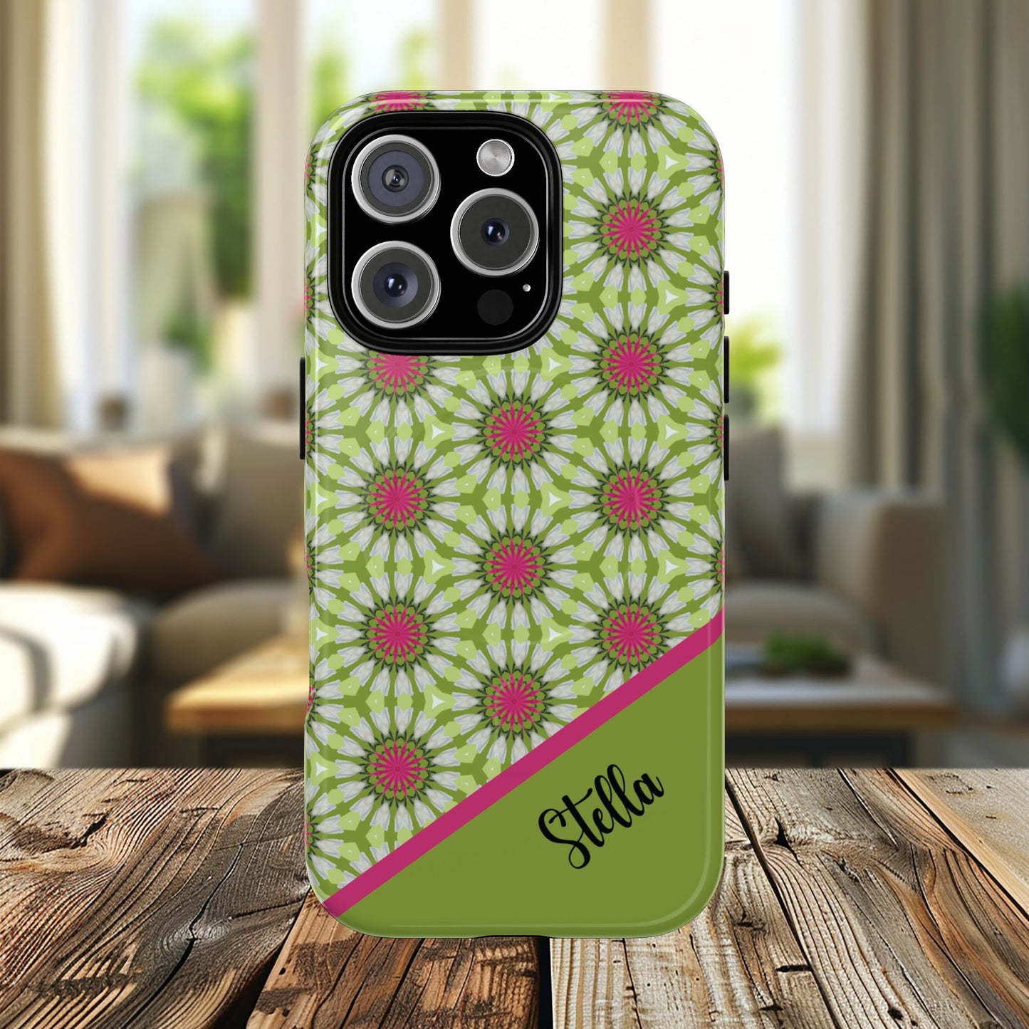 Personalized Meadow Mandala Bloom Vibrant Flower  — Green & Pink Geometric Daisy Design