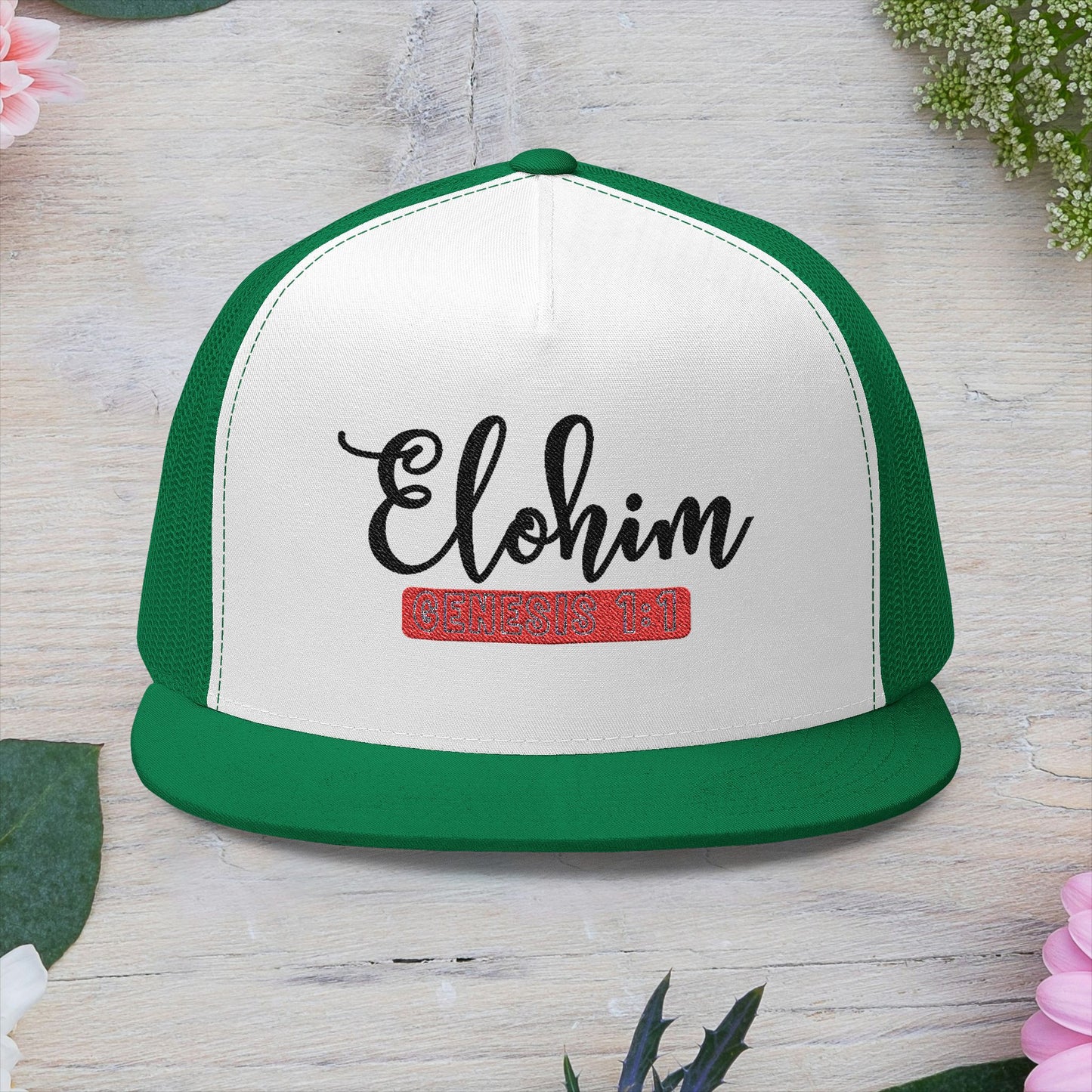 'ELOHIM, GENESIS 1:1'  Embroidered 5 Panel Trucker Cap | Casual Style Hat, Adjustable, Unisex, Perfect Gift for Outdoors, Festivals, Daily Wear