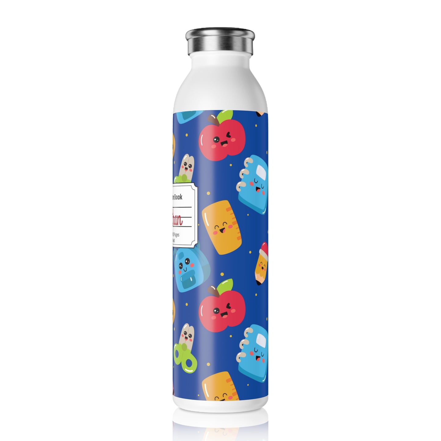 Personalized Blue Kawaii Composition Book Inspired Slim Water Bottle, Customizable Drinkware, Eco-Friendly Hydration Bottle, Perfect for Gifts, School Supplies, Back to School