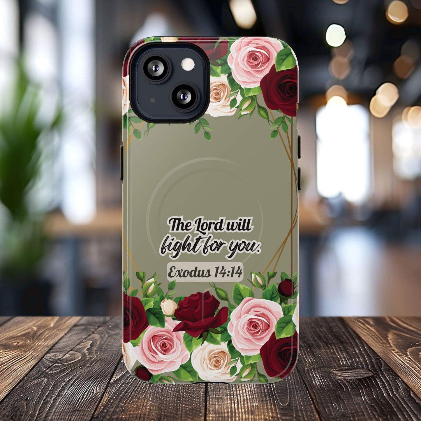The Lord will Fight for You Exodus 14:14, Inspirational Gift, Tough iPhone Magnetic Case Scripture, Roses Bible Verse, MagSafe® iPhone® Tough Case, iPhone 14, iPhone 15, iPhone 16, Pro, Pro Max, Plus.