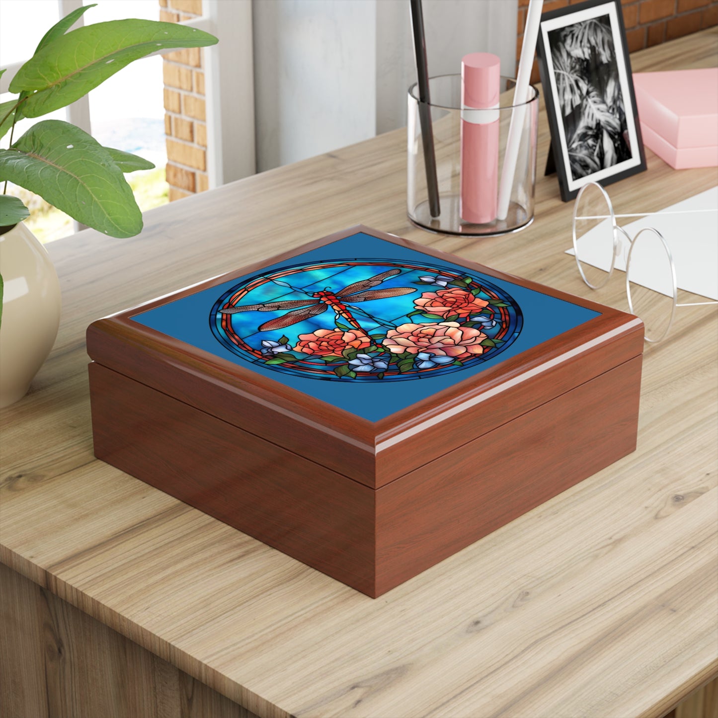 Stained Glass Dragonfly Jewelry Box — Floral Keepsake Box for Women