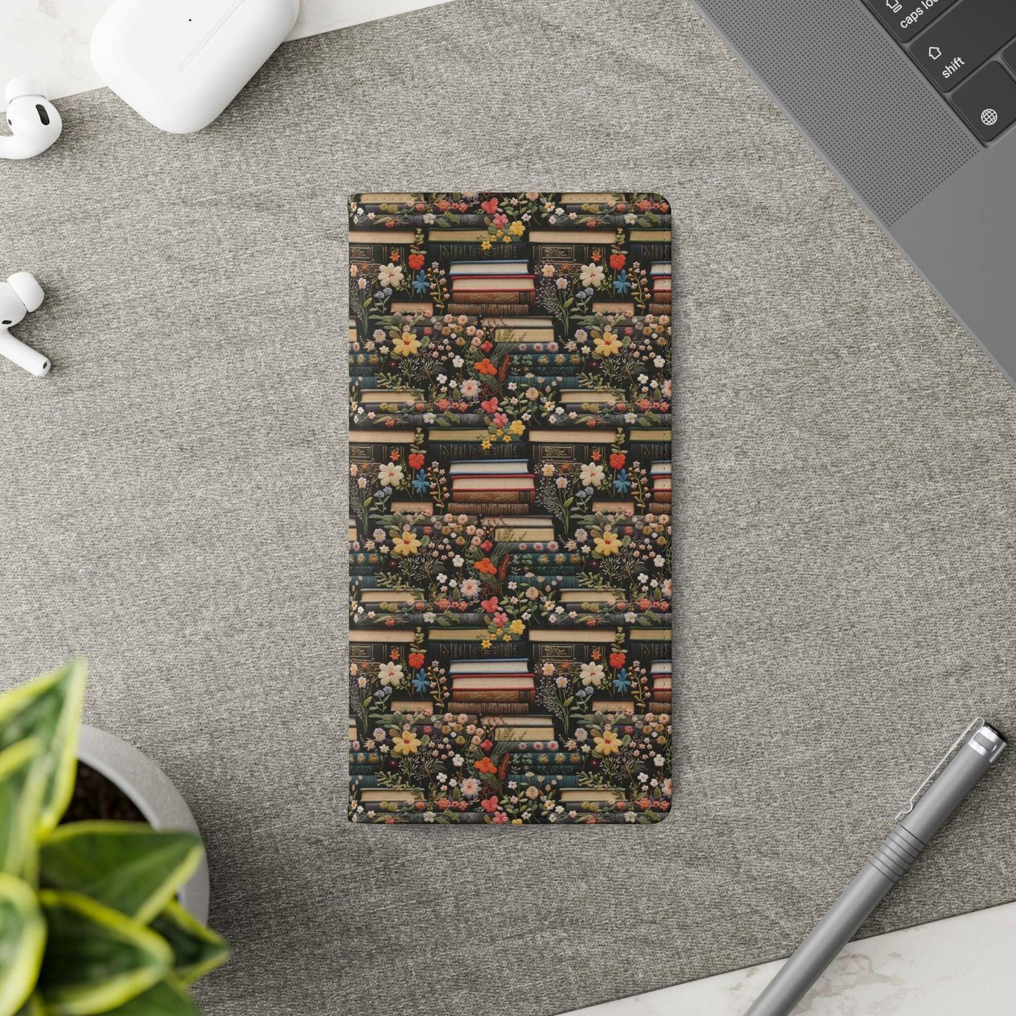 Book Stack Floral Flip iPhone and Samsung Phone Case — Vintage Library Wallet Cover.