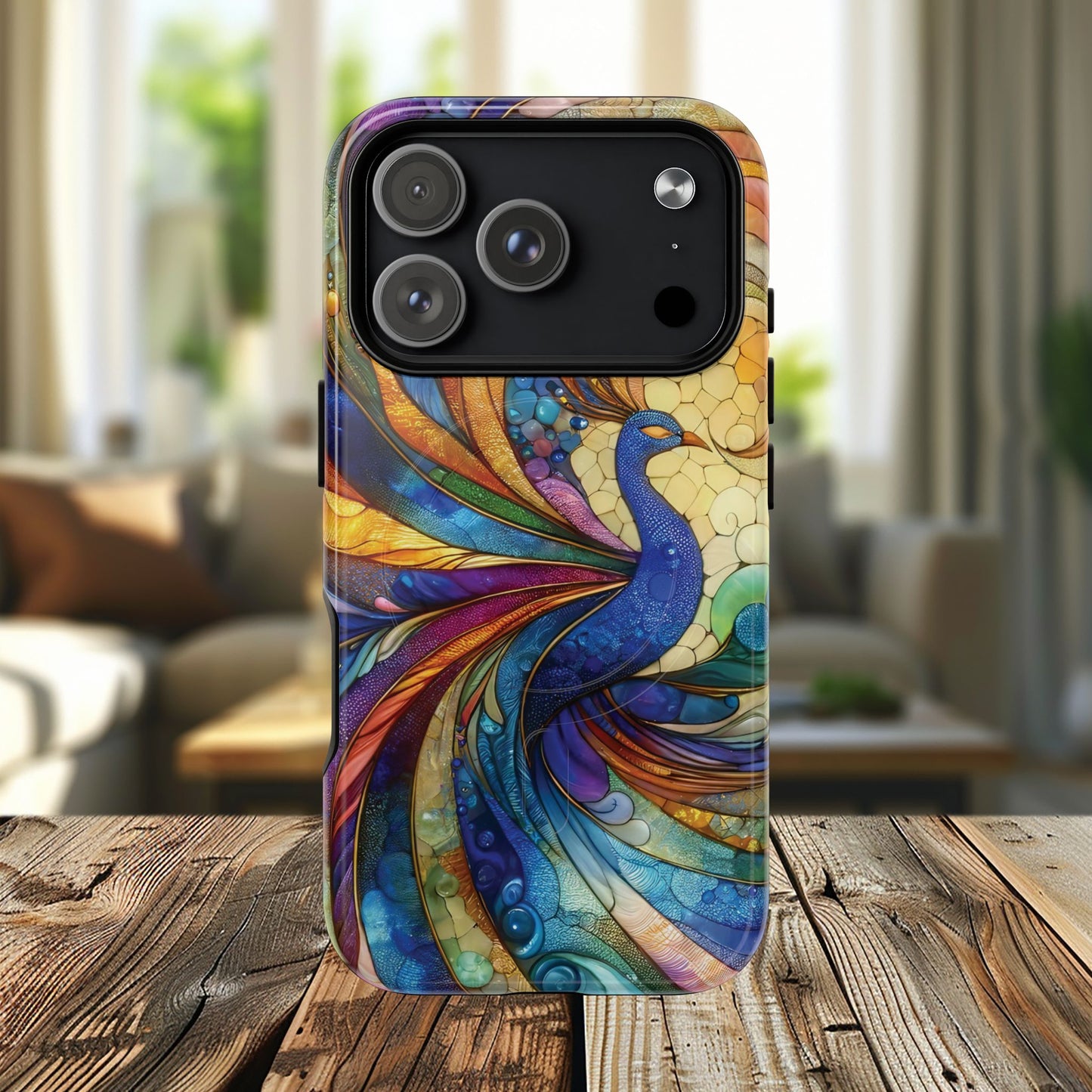 Mosaic Peacock Feathers Magnetic Phone Case, Tough Phone Shell, Vibrant Art Case, Gift for Her, Unique Phone Accessory, Wildlife Lover's Gift, Stained Glass Case.
