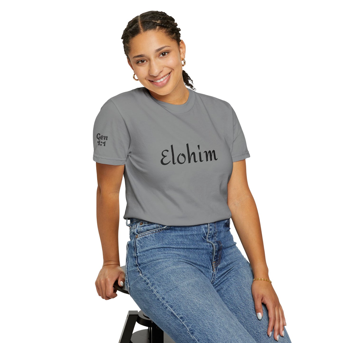 Embroidery 'ELOHIM, GENESIS 1:1' - Faith-Based Unisex Garment-Dyed Comfort Colors T-shirt, Faith Gift Tee, Religious Tee, Embroidery Tee.
