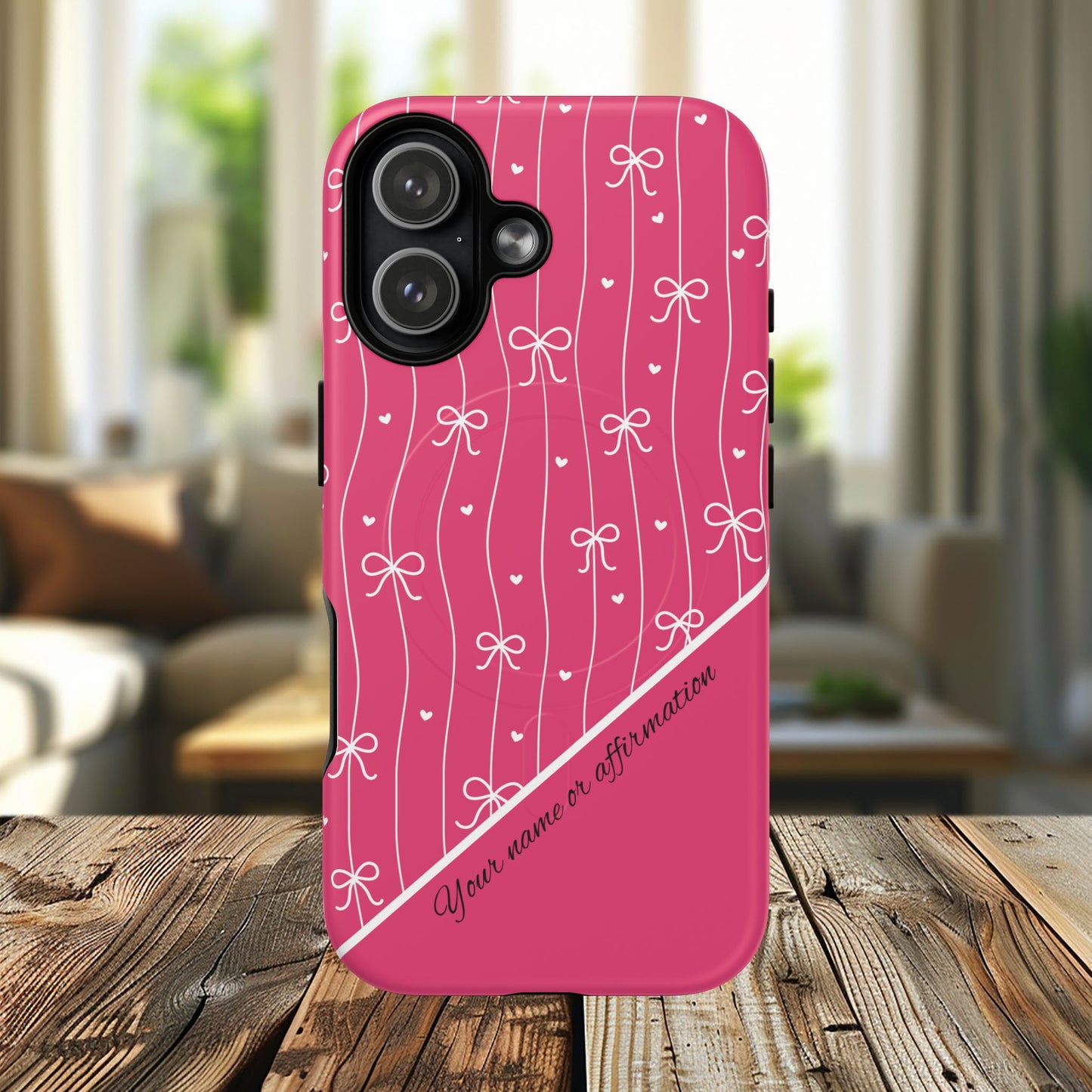 Pink Bow Coquette Magnetic Tough Magnetic MagSafe®  Case — (Add Name or Affirmation)-iPhone® 13, 14, iPhone 15, iPhone 16, iPhone 17, Pro, Pro Max, Plus Cases.