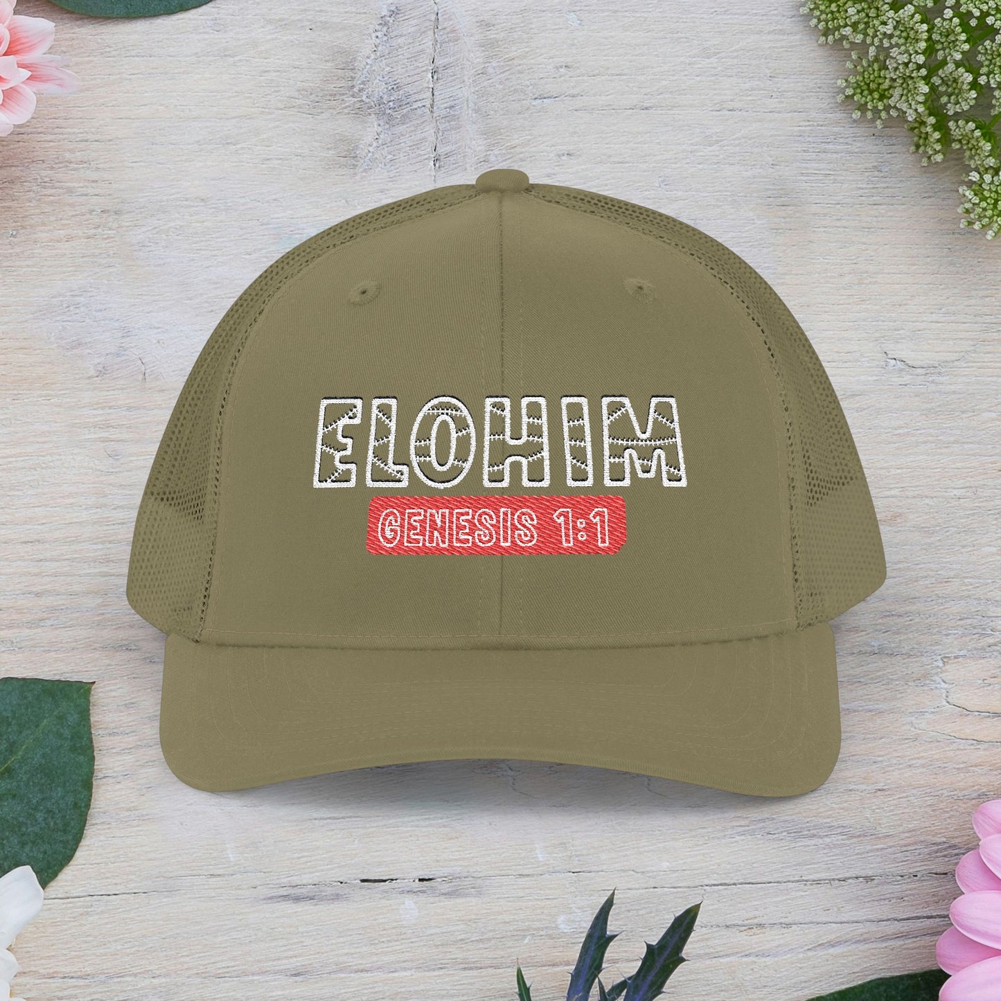 Embroidered  'ELOHIM GENESIS 1:1' Snapback Cap, Faith-Based Trucker Hat, Christian Gifts, Stylish Headwear, Religious Apparel, Perfect for Summer