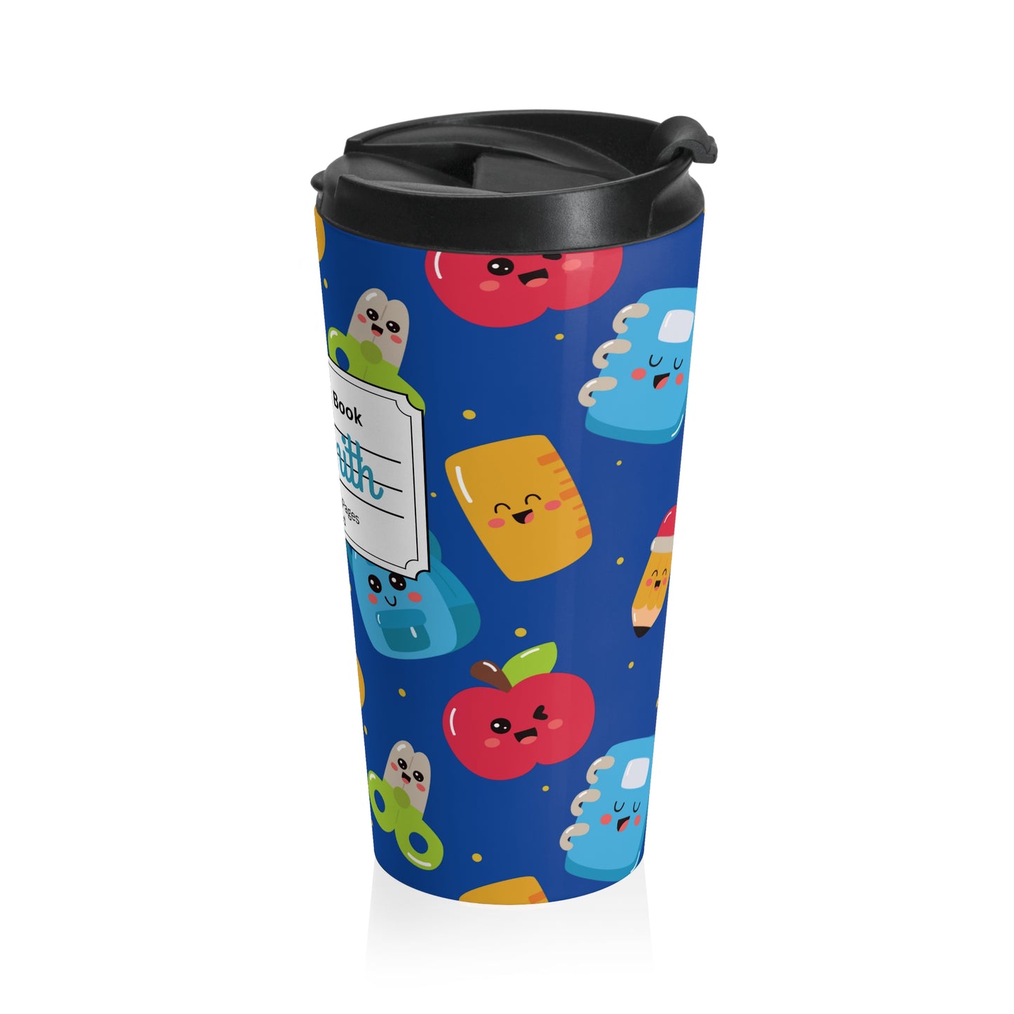 Customizable Blue Kawaii Composition Book Inspired Travel Mug, Personalized Gift for Teachers, Back to School Drinkware, Christmas Present, Stylish Coffee Cup