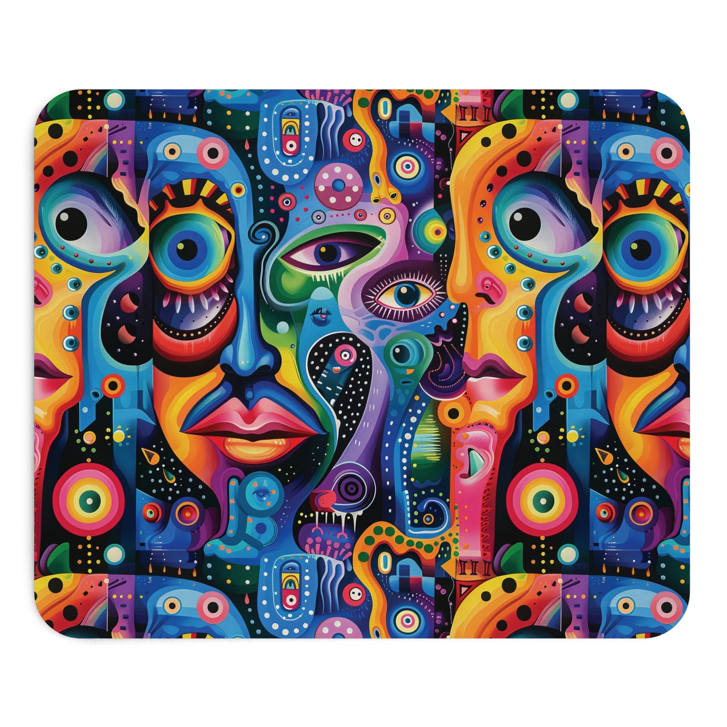 Psychedelic Visions Colorful Abstract Faces Mouse Pad - Vibrant Desk Accessory for Art Lovers.