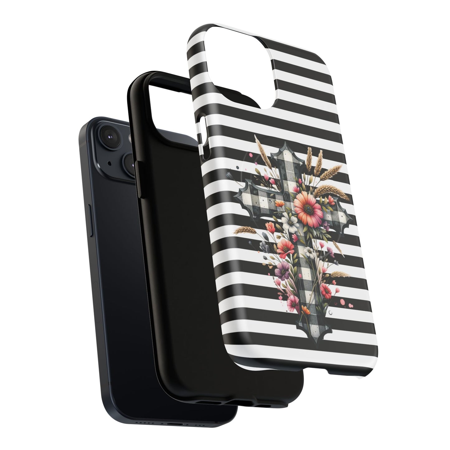Grace in Bloom Tough Magnetic iPhone Case with Floral Cross Design, Boho iPhone Cover, Striped iPhone Case, Unique Religious Gift, Trendy Cell iPhone Accessory.