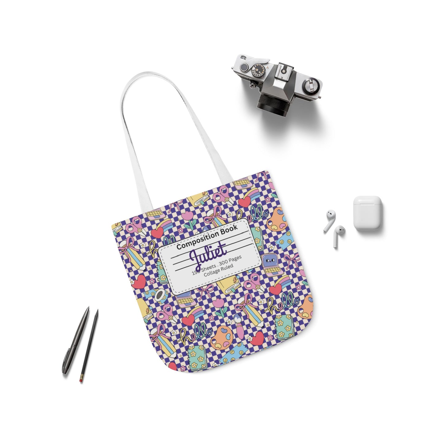 Personalized Purple Doodle Daydream Composition Book Inspired Canvas Tote Bag with Colorful Straps, Cute School Bag, Eco-Friendly Tote, Back to School Shopping Bag, Teacher Gift Idea