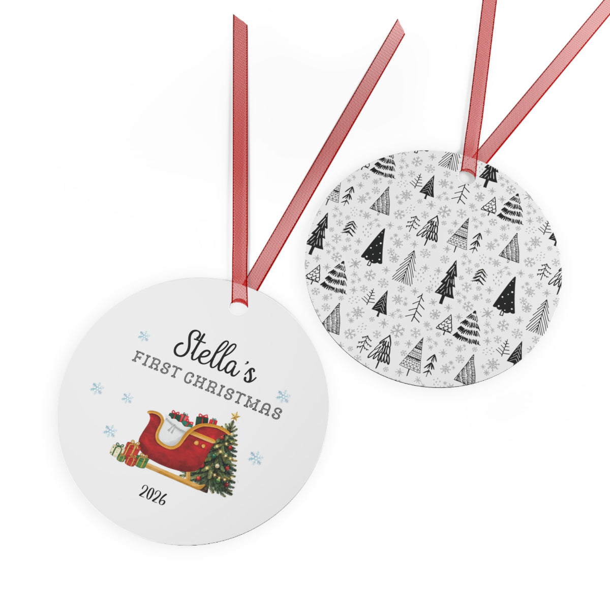 Personalized First Christmas Metal Ornament — Custom Name & Year, Sleigh and Tree Design