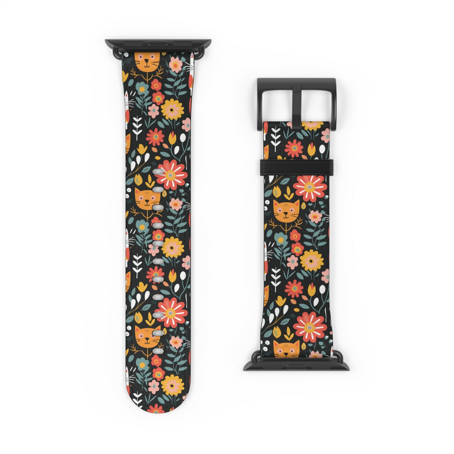 Whimsical Feline Garden Print Watch Band for Apple Watch - Cute Animal Design.