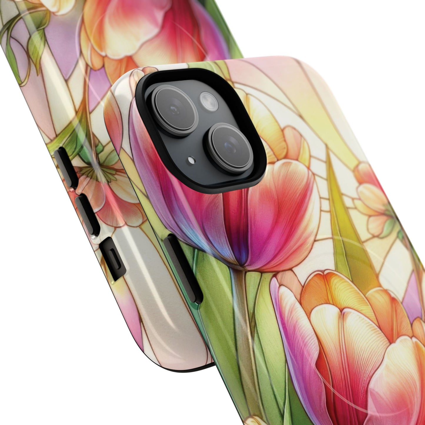 Tulip Glow Tough iPhone Magnetic Case, Floral Design, Spring Gift, Durable Protection, Smartphone Accessories, MagSafe Accessories, Stained Glass Tulip Gift