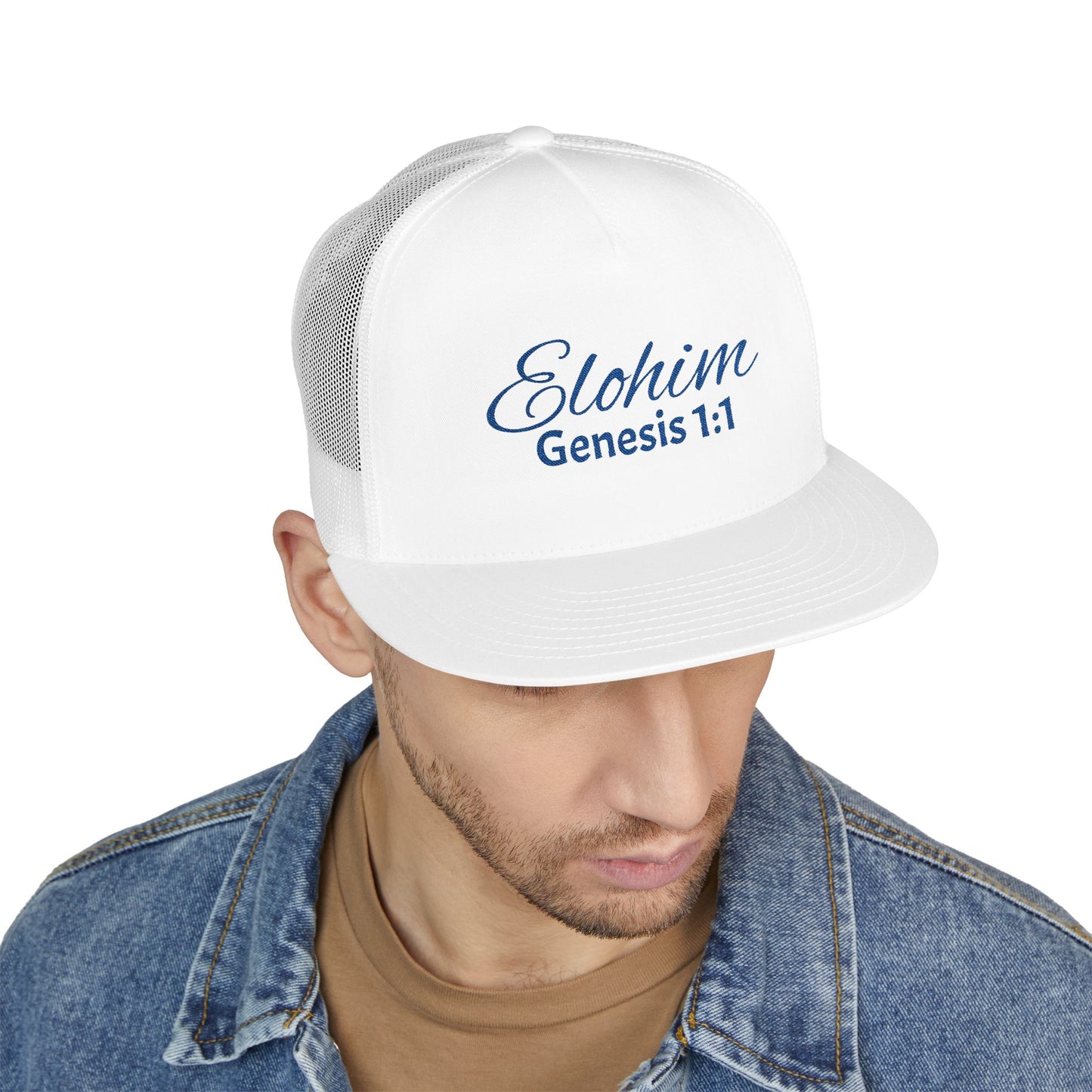 Navy 'ELOHIM, GENESIS 1:1'  Embroidered 5 Panel Trucker Cap | Casual Style Hat, Adjustable, Unisex, Perfect Gift for Outdoors, Festivals, Daily Wear