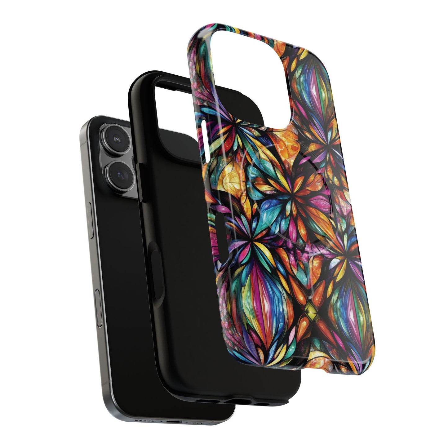 Luminous Whirl Tough Magnetic iPhone Cases, Vibrant Protection, Unique Floral Print, Durable Cover, Gift for Tech Lovers, iPhone Accessory, Stained Glass iPhone Design.