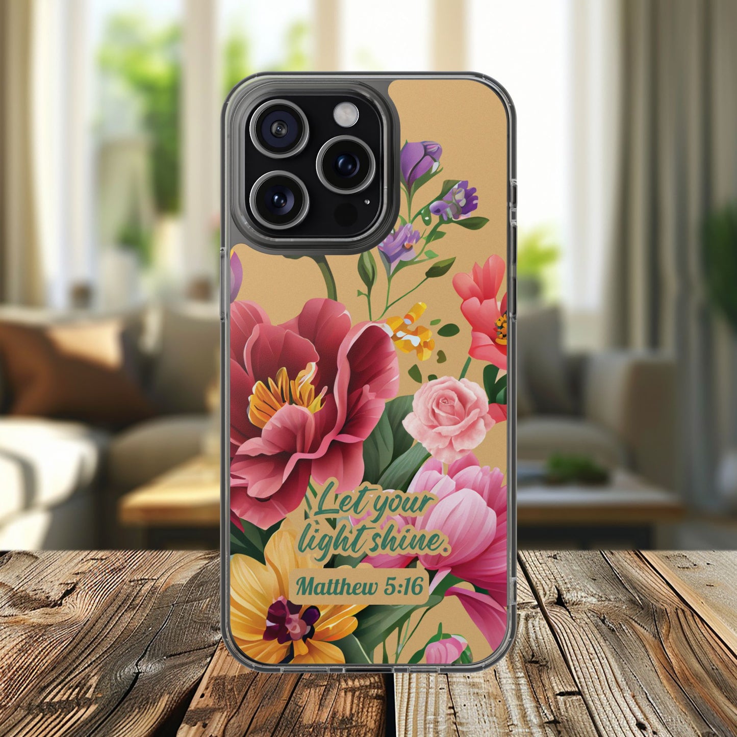 Clear Floral Bible Verse Phone Case — "Let Your Light Shine" (Matthew 5:16) for iPhone and Samsung Cases.