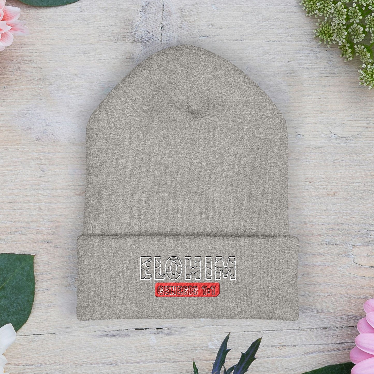 Embroidered 'ELOHIM, GENESIS 1:1' Classic Cuffed Beanie - Cozy Winter Hat, Streetwear Accessory, Personalized Gifts, Religious Apparel, Unisex Beanie