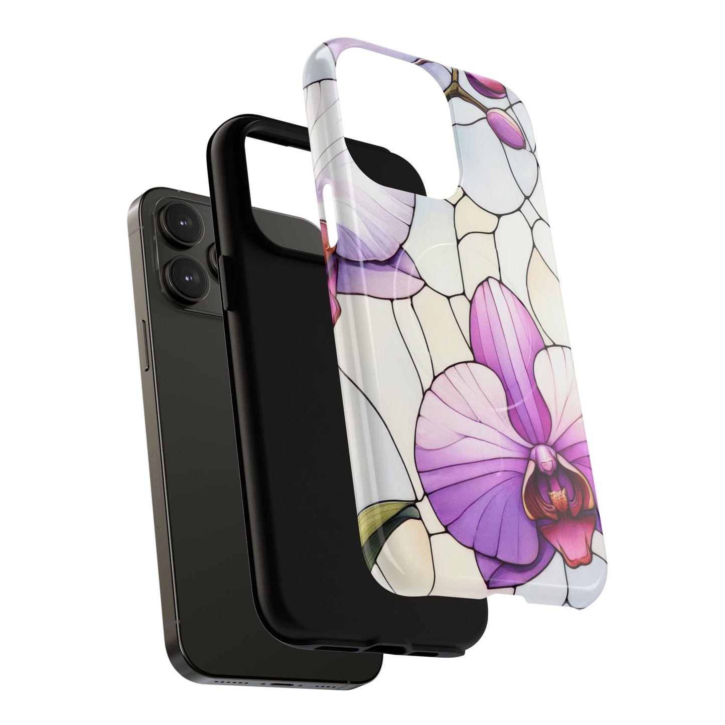 Orchid Grace Tough iPhone Magnetic Case, Protective iPhone Cover, Trendy Stained Glass Design, Floral Gift, Unique iPhone Accessory, Durable iPhone Case