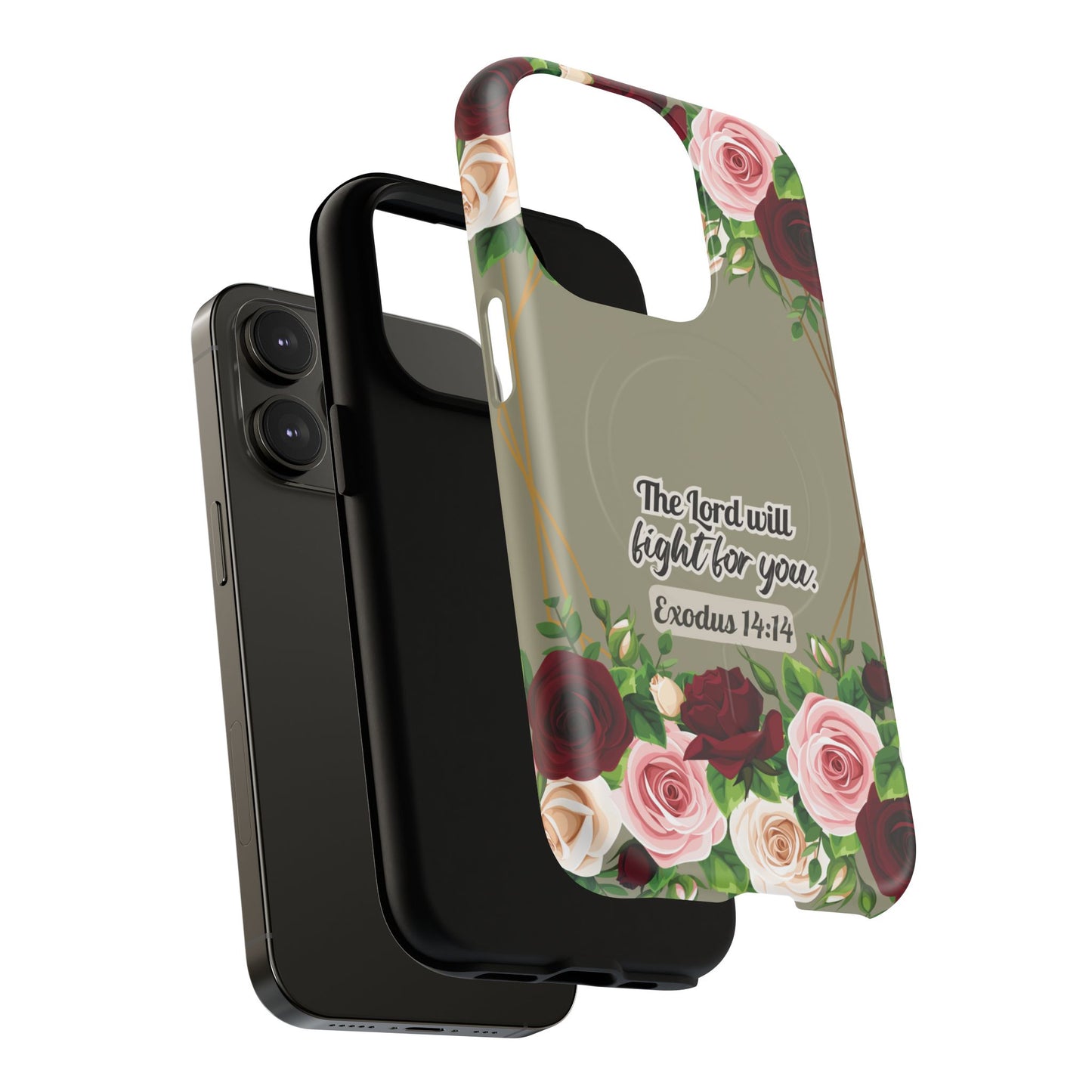 The Lord will Fight for You Exodus 14:14, Inspirational Gift, Tough iPhone Magnetic Case Scripture, Roses Bible Verse, MagSafe® iPhone® Tough Case, iPhone 14, iPhone 15, iPhone 16, Pro, Pro Max, Plus.