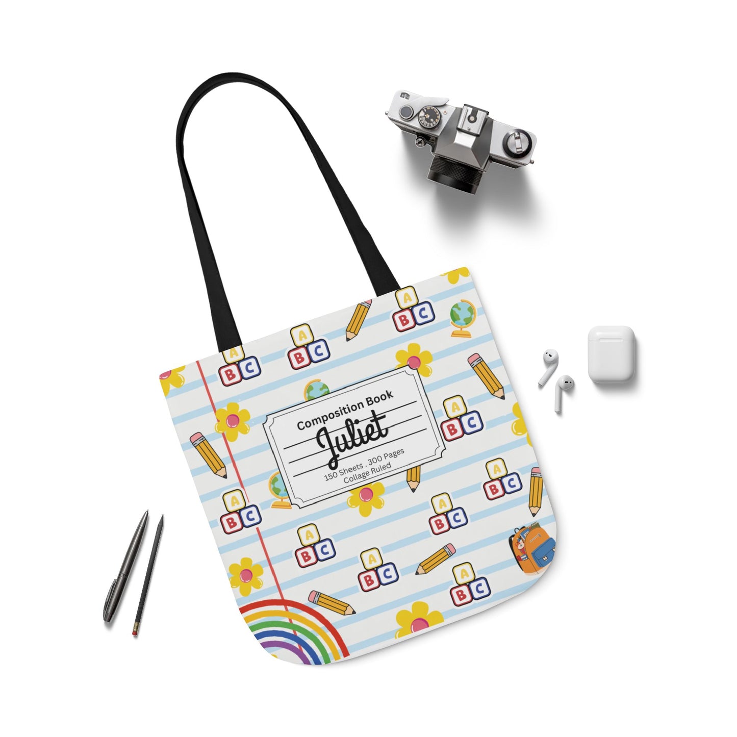 Personalized White Schoolyard Chic Composition Book Inspired Canvas Tote Bag with Colorful Straps, Cute School Bag, Eco-Friendly Tote, Back to School Shopping Bag, Teacher Gift Idea