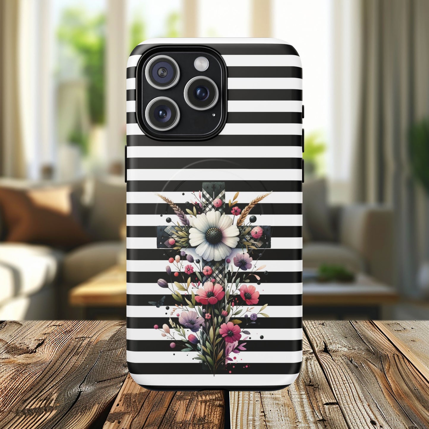 Faith in Bloom Tough iPhone Magnetic Case, iPhone Accessories, Floral iPhone Cover, Durable Cases for Gifts, Black and White Stripes