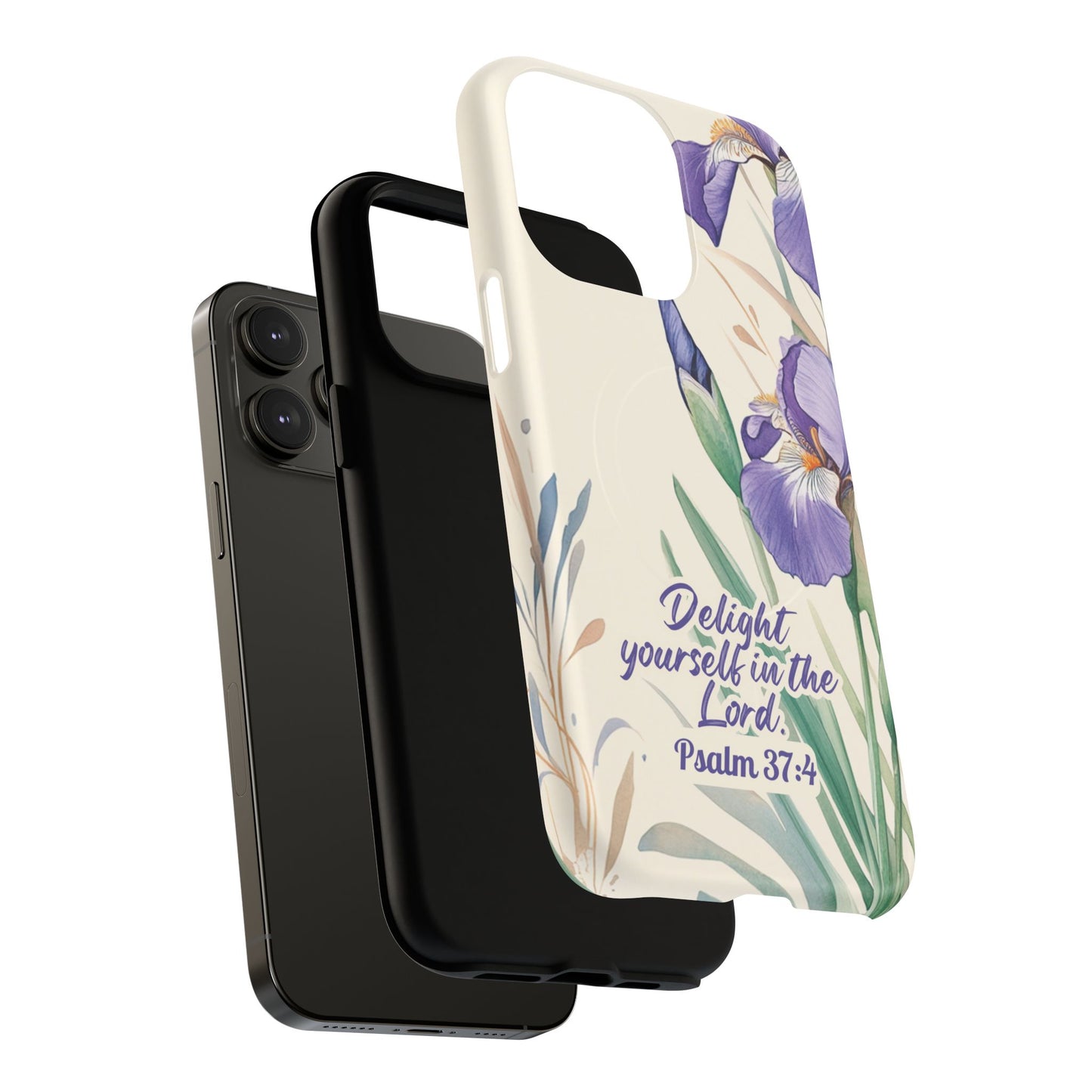 Delight yourself in the Lord Psalm 37:4, Inspirational Gift, iPhone Magnetic Case Scripture, Floral Bible Verse, MagSafe® iPhone® Tough Case, iPhone 14, iPhone 15, iPhone 16, Pro, Pro Max, Plus.