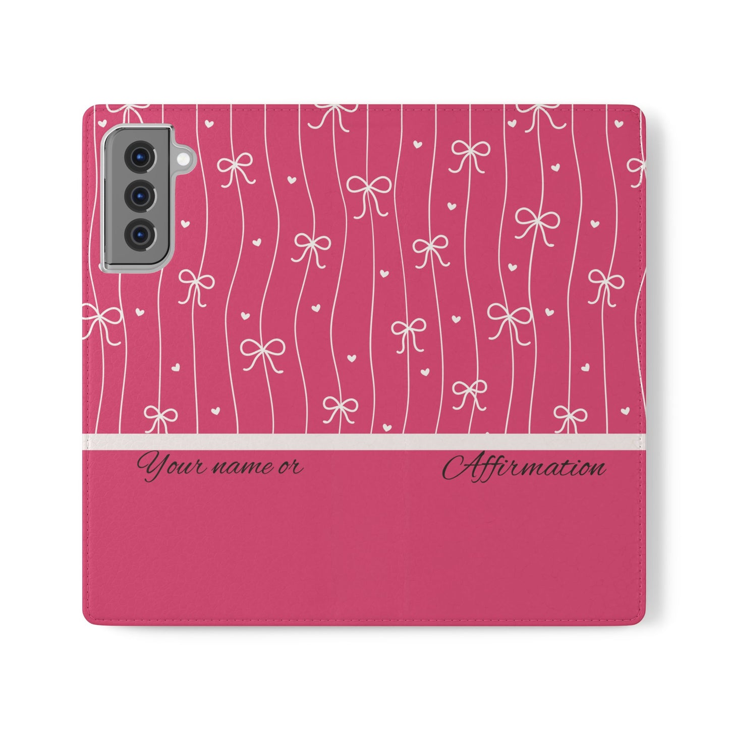 Personalized Pink Bow Coquette Flip iPhone and Samsumg Case — Custom Name or Affirmation Wallet Cover