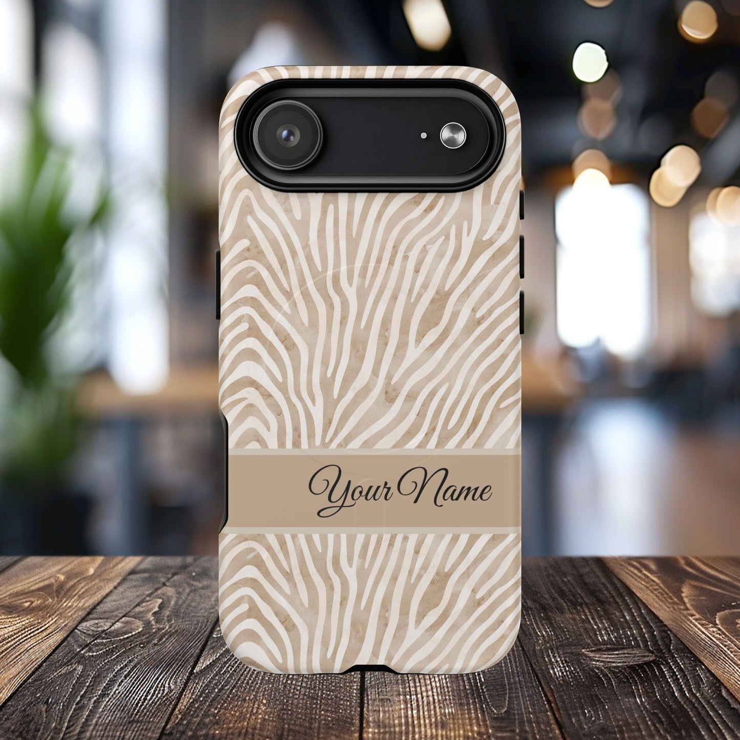 Personalized Zebra Animal Print Cover, Tough Magnetic MagSafe® iPhone® 13, 14, 15, 16, 17, Pro, Pro Max, Plus Cases (Custom Name).
