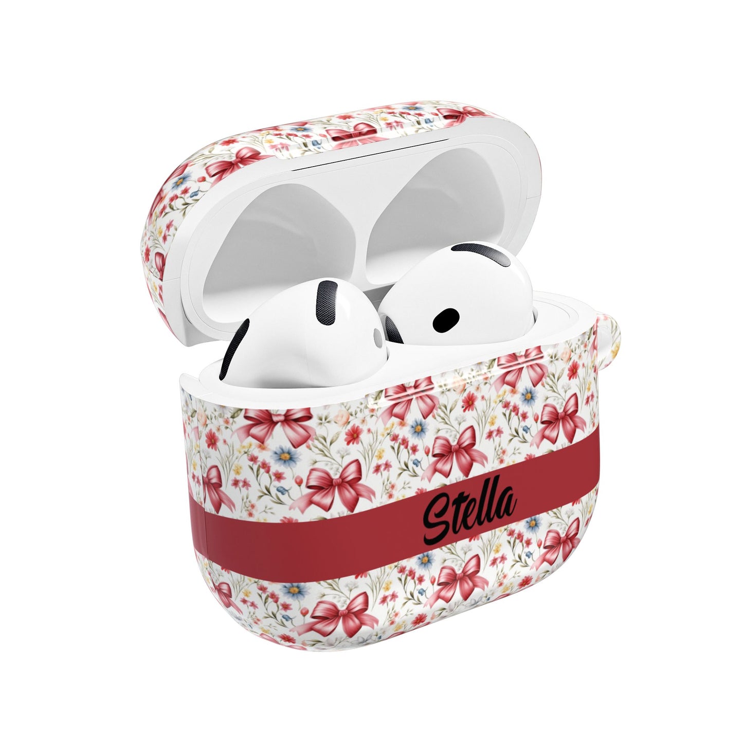 Personalized Rosette Coquette Floral AirPods Pro Gen 1, 2 and Airpods Gen 1, 2, 3, 4 Case — Red Bow Pattern with Custom Name Text.