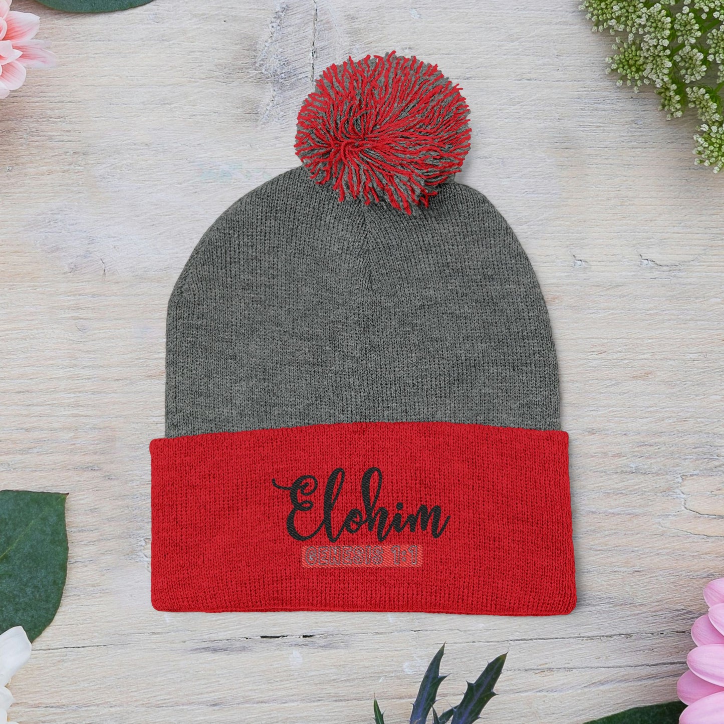 Pom-Pom Knit Cap with 'ELOHIM, GENESIS 1:1'  Embroidery Beanie - Stylish Winter Accessory for All Ages, Perfect Gift for Birthdays, Holidays, and Outdoor Activities