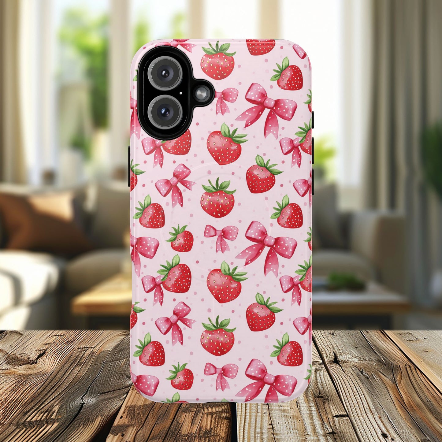 Strawberry Blush Coquette Magnetic Tough iPhone Cases - Funky Fruit Cases, Floral iPhone Cover, Trendy Gifts, iPhone Accessories, Strawberry Lover