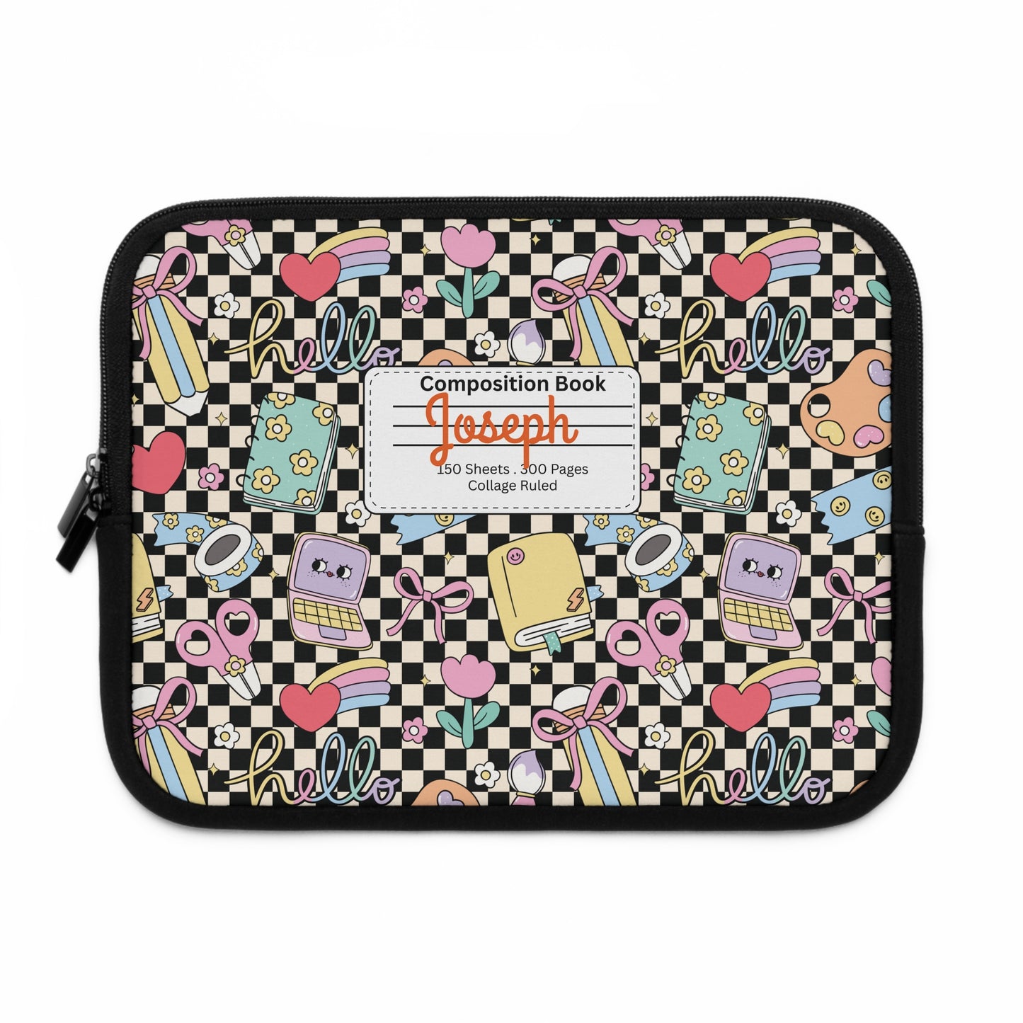Personalized Black Doodle Daydream Laptop Sleeve with Composition Book Inspired Design, Customizable Tech Case, School Supplies, Gift for Students, College Essentials, Back to School