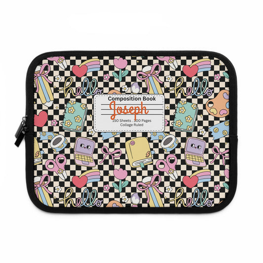 Personalized Black Doodle Daydream Laptop Sleeve with Composition Book Inspired Design, Customizable Tech Case, School Supplies, Gift for Students, College Essentials, Back to School