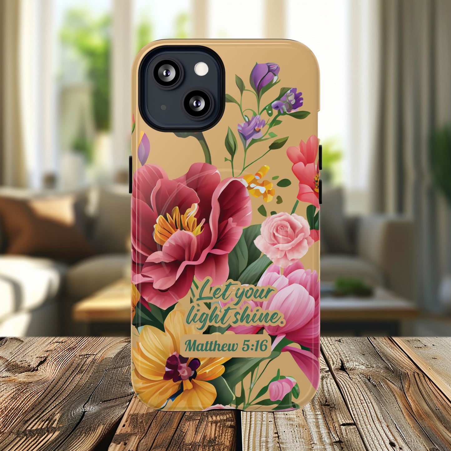 Let your Light Shine Matthew 5:16, Inspirational Gift, Tough iPhone Magnetic Case Scripture, Floral Bible Verse, MagSafe® iPhone® Tough Case, iPhone 14, iPhone 15, iPhone 16, Pro, Pro Max, Plus.