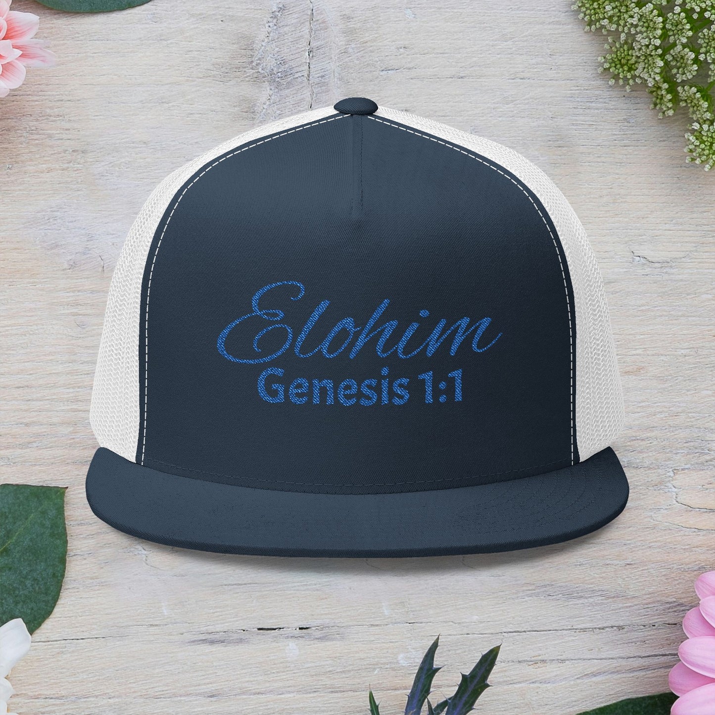 Navy 'ELOHIM, GENESIS 1:1'  Embroidered 5 Panel Trucker Cap | Casual Style Hat, Adjustable, Unisex, Perfect Gift for Outdoors, Festivals, Daily Wear