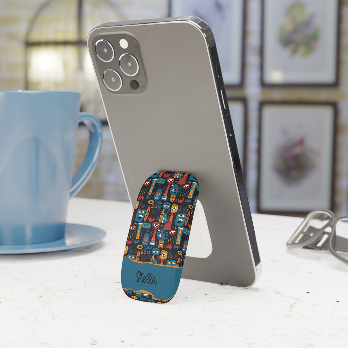 Personalized Phone Grip – Colorful Abstract Faces Design (Custom Name)