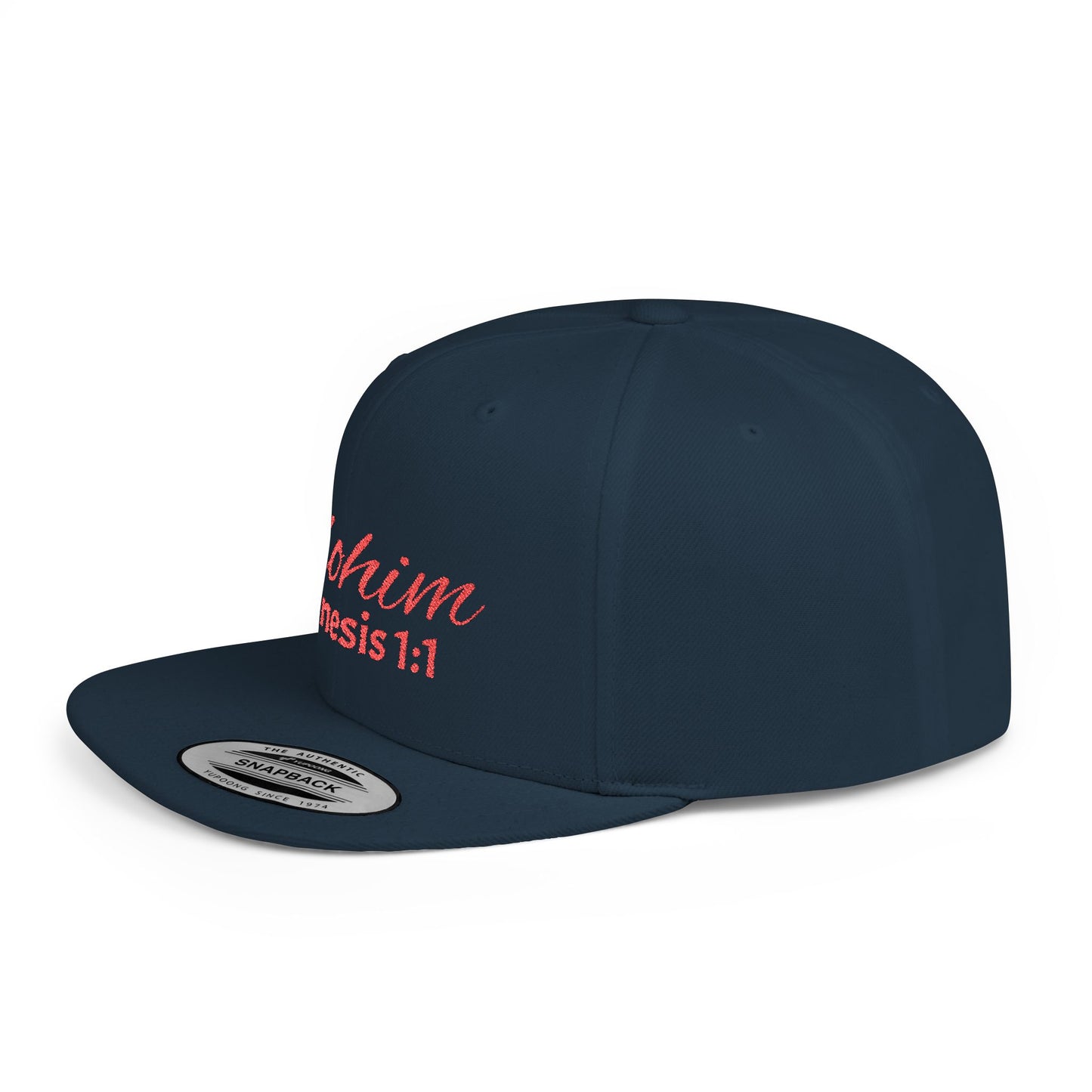 Red Embroidery 'ELOHIM, GENESIS 1:1' Flat Bill Snapback Hat, Stylish Cap for Everyday Wear, Church Events, Gift for Him/Her, Streetwear Accessory, Casual Fashion