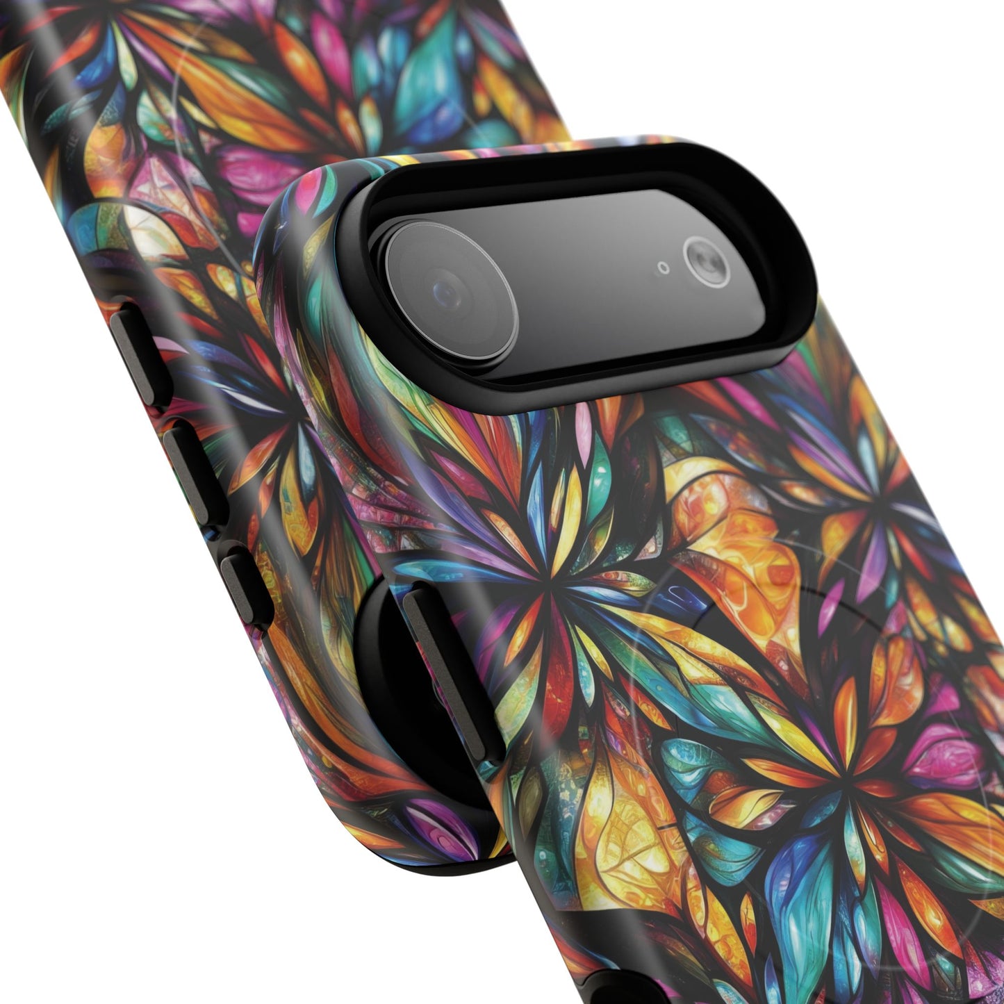 Luminous Whirl Tough Magnetic iPhone Cases, Vibrant Protection, Unique Floral Print, Durable Cover, Gift for Tech Lovers, iPhone Accessory, Stained Glass iPhone Design.