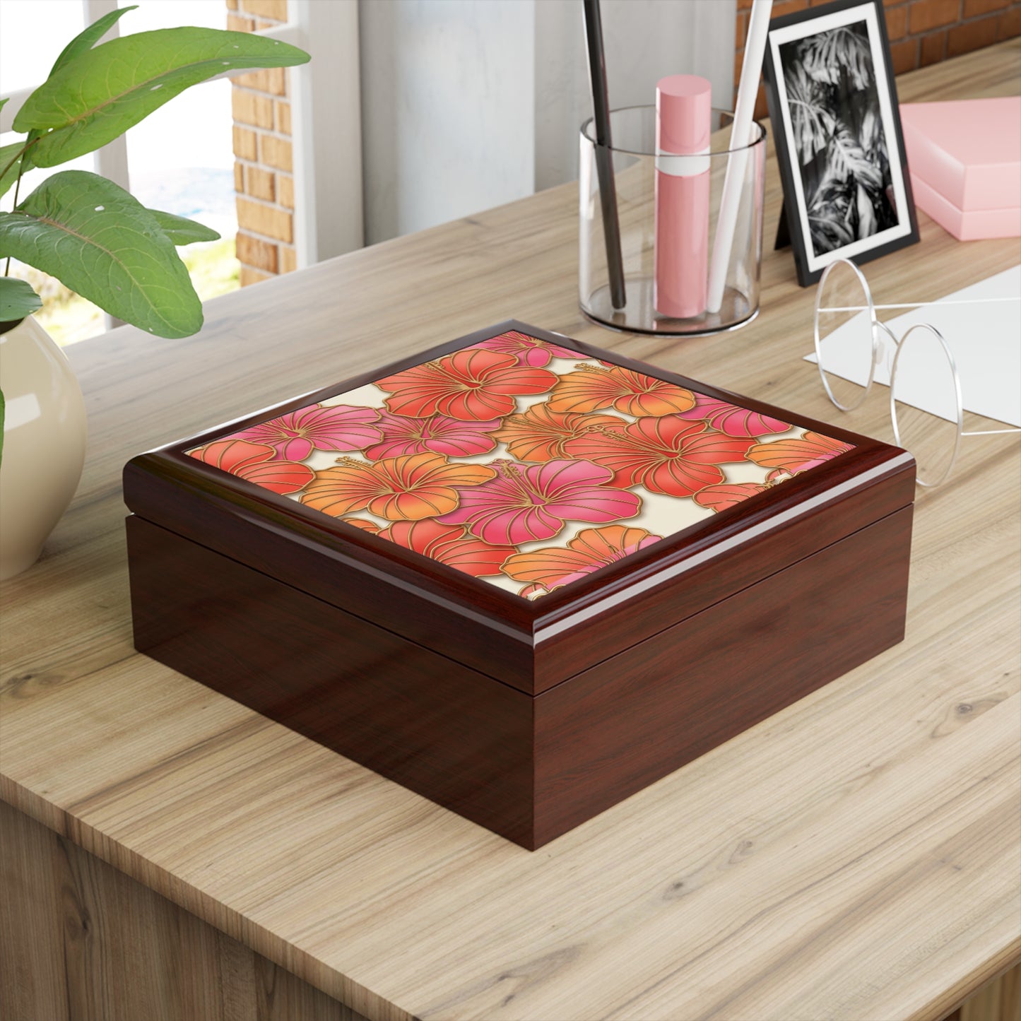 Hibiscus Floral Jewelry Box – Tropical Orange & Pink Keepsake Box